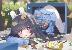 Rule 34 | 1girl, ahoge, animal, animal ears, bird, black gloves, black hair, blue archive, blue serafuku, blue shirt, blue skirt, blunt bangs, blush, fake animal ears, ferret, footprints, gloves, green neckerchief, halo, in trash can, leaf, leaf on head, long hair, long sleeves, looking at viewer, melting halo, miyu (blue archive), neckerchief, on ground, open mouth, panties, panties under pantyhose, pantyhose, pink eyes, pleated skirt, rabbit ears, sailor collar, school uniform, serafuku, shirt, shoes, skirt, sneakers, solo, tearing up, thermos, top-down bottom-up, trash can, underwear, wagashi928, wavy mouth, white footwear, white halo, white panties, white pantyhose, white sailor collar