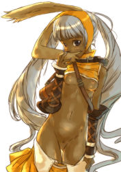 Rule 34 | 1girl, animal ears, archer (ffta), black eyes, blush, branch (blackrabbits), breasts, cleft of venus, clothes lift, clothes pull, dark-skinned female, dark skin, female pubic hair, final fantasy, final fantasy tactics, final fantasy tactics advance, light areolae, long hair, medium breasts, navel, nipples, no panties, pubic hair, pussy, rabbit ears, shirt lift, silver hair, simple background, skirt, skirt pull, solo, thigh gap, thighs, twintails, uncensored, very long hair, viera