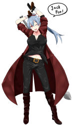 Rule 34 | 1girl, absurdres, belt, black belt, black gloves, black pants, black shirt, boots, breasts, brown footwear, cleavage, coat, collarbone, cosplay, dante (devil may cry), dante (devil may cry) (cosplay), devil may cry (series), devil may cry 5, fate/grand order, fate (series), fingerless gloves, full body, gloves, hair between eyes, highres, large breasts, long hair, midriff peek, navel, one eye closed, open clothes, open coat, open mouth, pants, ponytail, rakku (10219563), rebellion (sword), red coat, red eyes, shirt, short sleeves, silver hair, simple background, solo, speech bubble, tomoe gozen (fate), white background