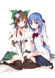 Rule 34 | 2girls, bad id, bad pixiv id, black legwear, blue hair, bow, bowtie, breasts, brown hair, cleavage, closed mouth, collared shirt, flower, green bow, green skirt, hair bow, hair flower, hair ornament, hand up, highres, hinanawi tenshi, large breasts, long hair, looking at viewer, miniskirt, multiple girls, panties, red eyes, red neckwear, reiuji utsuho, shirt, simple background, sitting, skirt, skirt around one leg, smile, t-shirt, tetsurou (fe+), thighhighs, third eye, tongue, tongue out, touhou, underwear, white background, white flower, white panties, wing collar