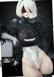 Rule 34 | 1girl, absurdres, arm support, black blindfold, black gloves, black hairband, black thighhighs, blindfold, breasts, cleavage, cleavage cutout, clothing cutout, covered eyes, covered navel, duan henglong, feather-trimmed sleeves, gloves, grey hair, hairband, highleg, highleg leotard, highres, juliet sleeves, large breasts, leotard, lips, lipstick, long sleeves, makeup, mole, mole under mouth, nier:automata, nier (series), pod (nier:automata), puffy sleeves, short hair, smile, thick thighs, thighhighs, thighs, white leotard, wide hips, 2b (nier:automata)
