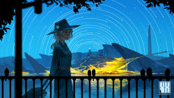 Rule 34 | 1girl, black hat, blonde hair, blue theme, blush, collared shirt, from side, hat, long sleeves, looking away, necktie, original, railing, reflection, rolling suitcase, scenery, shirt, short hair, sky, smile, solo, standing, star (sky), starry sky, suitcase, yuushoku