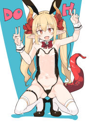 Rule 34 | 1girl, animal ears, bad id, bad twitter id, black footwear, blonde hair, bow, bowtie, character request, copyright request, detached collar, double v, dragon horns, dragon tail, fake animal ears, fangs, high heels, highleg, highleg leotard, highres, horns, inactive account, leotard, looking at viewer, navel, pointy ears, rabbit ears, red bow, red bowtie, red eyes, see-through, see-through leotard, shoes, solo, squatting, tail, thigh strap, thighhighs, tiptoes, tomatojam, twintails, v, white thighhighs, wrist cuffs