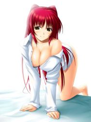 Rule 34 | 00s, 1girl, all fours, blush, bottomless, breasts, brown eyes, cleavage, dress shirt, jpeg artifacts, kneeling, kousaka tamaki, large breasts, long hair, open clothes, open shirt, red hair, shirt, solo, to heart (series), to heart 2
