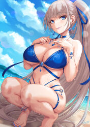 Rule 34 | 1girl, anklet, barefoot, beach, bikini, blue bikini, blue choker, blue nails, blue sky, bracelet, breasts, choker, cleavage, closed mouth, collarbone, commentary request, day, earrings, full body, grey hair, highres, jewelry, large breasts, lips, looking at viewer, nail polish, navel, ocean, original, outdoors, ponytail, sakiyamama, signature, sky, smile, solo, squatting, swimsuit, thighs, toe ring, toenail polish, toenails