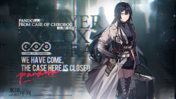 Rule 34 | 1girl, belt buckle, black hair, boots, briefcase, buckle, bullet, character request, copyright notice, duoyuanjun, english text, gloves, gun, handgun, highres, holstered, id card, jacket, long hair, military, military jacket, military uniform, mist sequence, solo, thigh boots, thighhighs, uniform, weapon, yellow eyes