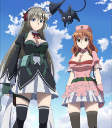 Rule 34 | 2girls, arms at sides, black dress, black legwear, blue eyes, bow, bowtie, breasts, brown eyes, brown hair, cleavage, clenched hand, closed mouth, cloud, dagger, detached collar, dress, female focus, fingerless gloves, frilled sleeves, frills, gloves, green gloves, grey hair, grey legwear, hair between eyes, hat, highres, holding, holding weapon, karambit, knife, large breasts, legband, long hair, long sleeves, looking at viewer, looking down, magical girl, mahou shoujo tokushusen asuka, maid headdress, mole, mole under eye, mugen kurumi, multiple girls, neck, nurse, nurse cap, ootorii asuka, outdoors, pink detached collar, pink dress, pink gloves, pink headwear, pleated skirt, puffy long sleeves, puffy short sleeves, puffy sleeves, red neckwear, screencap, serious, short sleeves, skirt, sky, standing, stitched, tagme, thighhighs, third-party edit, very long hair, weapon, white skirt