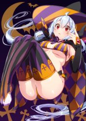 Rule 34 | 1girl, argyle cape, argyle clothes, bikini, black cape, black gloves, black hat, breasts, cape, commentary, elbow gloves, floating, gloves, half gloves, hat, highres, knees up, large breasts, long hair, looking at viewer, matoi (pso2), multicolored stripes, nyanmaru (ememing), orange bikini, orange cape, parted lips, phantasy star, phantasy star online 2, purple bikini, purple cape, purple thighhighs, red eyes, silver hair, solo, striped bikini, striped clothes, swimsuit, thighhighs, toeless legwear, two-sided cape, two-sided fabric, two-sided headwear, vertical-striped bikini, vertical-striped clothes, witch hat