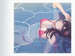 Rule 34 | 1girl, absurdres, azki (hololive), bikini, black hair, breasts, colored inner hair, coubalt, from above, hair ornament, highres, hololive, long hair, looking at viewer, medium breasts, multicolored hair, nail polish, navel, partially submerged, photo (object), pink bikini, pink hair, pink nails, polaroid, purple eyes, smile, solo, streaked hair, swimsuit, twitter username, untied bikini, virtual youtuber, water, white hair