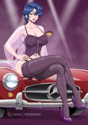 Rule 34 | 1girl, absurdres, artist name, blue hair, blush, breasts, brown eyes, bubblegum crisis, car, cleavage, convertible, corset, crossed legs, earrings, fugubarakun, hand on own hip, high heels, highres, jewelry, large breasts, lips, lipstick, looking at viewer, makeup, mercedes-benz, motor vehicle, nail polish, on vehicle, panties, patreon logo, pink nails, purple background, purple corset, purple footwear, purple garter belt, purple garter straps, purple panties, purple thighhighs, red lips, see-through, short hair, simple background, sitting, solo, sylia stingray, thighhighs, underwear
