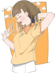 Rule 34 | 1girl, arm up, blunt bangs, blush, border, braid, breasts, brown hair, center-flap bangs, closed eyes, collared shirt, commentary, fanning self, hand up, hashtag-only commentary, highres, holding, holding hair, kachimachi kosuzu, link! like! love live!, liz (piyoko piyop), long hair, love live!, medium breasts, open mouth, orange background, outside border, polo shirt, profile, shirt, short sleeves, side braids, skirt, solo, steam, straight hair, sweat, translation request, upper body, virtual youtuber, white border, white skirt, yellow shirt