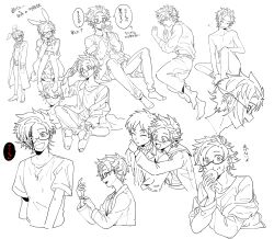 2boys :d alternate_costume animal_ears atou_haruki bleeding_from_forehead blush cellphone closed_eyes closed_mouth coat commentary_request fake_animal_ears greyscale holding holding_phone hug jacket kanou_aogu long_sleeves male_focus medu_(rubish) monochrome multiple_boys multiple_views nude off_shoulder open_clothes open_coat open_jacket open_mouth phone rabbit_ears ribbed_sweater saibou_shinkyoku semi-rimless_eyewear shirt short_hair sitting smile socks spot_color sweat sweater translation_request turtleneck turtleneck_sweater