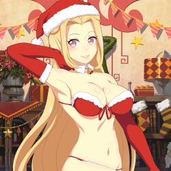Rule 34 | 1girl, armpits, bell, bikini, blonde hair, boots, breasts, caechan, challengia, christmas, cleavage, collarbone, elbow gloves, gloves, hat, indoors, large breasts, long hair, navel, nchans, nchans style, official art, orcaleon, pink eyes, red bikini, red gloves, santa bikini, santa boots, santa costume, santa gloves, santa hat, showing armpits, smile, solo, swimsuit, winter clothes