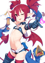 Rule 34 | 1girl, armlet, ataruman, bat wings, belt, bird, black choker, black footwear, black gloves, black shorts, blush, boots, choker, closed mouth, demon girl, demon tail, demon wings, disgaea, earrings, elbow gloves, etna (disgaea), flat chest, gloves, highres, jewelry, looking at viewer, makai senki disgaea, mini wings, navel, o-ring, o-ring choker, one eye closed, open mouth, penguin, pointy ears, prinny, red eyes, red thighhighs, ribs, short shorts, shorts, single glove, skinny, skull earrings, smile, solo, spiked hair, stitches, tail, thigh boots, thighhighs, tongue, tongue out, twintails, wings