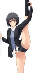Rule 34 | 1girl, amagami, black eyes, black hair, black jacket, black one-piece swimsuit, black socks, blazer, blush, character request, closed mouth, collared shirt, commentary request, competition school swimsuit, frown, halcon, heart, highres, jacket, kneehighs, leg up, long sleeves, looking at viewer, nanasaki ai, no shoes, one-piece swimsuit, open clothes, open jacket, school swimsuit, shirt, short hair, simple background, socks, solo, split, standing, standing on one leg, standing split, sweater vest, swimsuit, swimsuit under clothes, thighs, unbuttoned, white background, wing collar