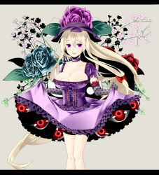Rule 34 | 1girl, :p, blonde hair, blue flower, blue rose, bow, breasts, cleavage, clothes lift, corset, curtsey, dress, dress lift, elbow gloves, female focus, flower, gap (touhou), gloves, hair bow, hat, highres, large breasts, long hair, purple eyes, purple flower, purple rose, red eyes, red flower, red rose, rose, shinoi, solo, tongue, tongue out, touhou, very long hair, yakumo yukari