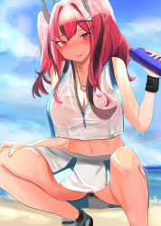 Rule 34 | 1girl, ankle socks, azur lane, bare legs, beach, black panties, black socks, blue sky, blush, bottle, breasts, bremerton (azur lane), bremerton (scorching-hot training) (azur lane), cleavage, cloud, collarbone, commentary request, cowboy shot, crop top, crop top overhang, day, green skirt, grey hair, hair between eyes, hair intakes, hair ornament, hairclip, hand on own thigh, hand up, heart, heart necklace, highres, holding, holding bottle, jewelry, large breasts, lens flare, long hair, looking at viewer, mesuosushi, midriff, mole, mole under eye, multicolored hair, navel, necklace, ocean, open mouth, outdoors, panties, pantyshot, pink eyes, pink hair, sand, shirt, shoes, sidelocks, skirt, sky, sleeveless, sleeveless shirt, sneakers, socks, solo, sportswear, spread legs, squatting, streaked hair, sweat, teeth, tennis uniform, twintails, two-tone hair, two-tone skirt, underwear, upper teeth only, water bottle, wet, wet clothes, wet shirt, white shirt, white skirt, wristband
