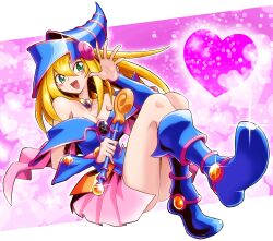 Rule 34 | 1girl, bare shoulders, blonde hair, blue footwear, blue hat, blush, blush stickers, boots, breasts, choker, cleavage, dark magician girl, duel monster, green eyes, hair between eyes, hat, heart, highres, holding, holding wand, large breasts, long hair, looking at viewer, open hand, open mouth, smile, solo, staff, usoco, wand, wizard hat, yu-gi-oh!, yu-gi-oh! duel monsters