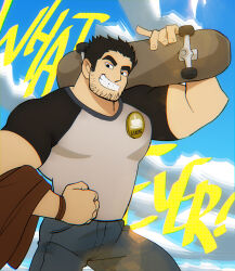 Rule 34 | 1boy, absurdres, bara, beard stubble, black hair, carrying over shoulder, clenched hand, denim, english text, facial hair, glint, grin, highres, holding, holding skateboard, huge eyebrows, jeans, large pectorals, looking at viewer, lucas lee, male focus, muscular, muscular male, name tag, nviek5, pants, pectorals, scott pilgrim (series), scott pilgrim takes off, shirt, short hair, short sleeves, skateboard, smile, solo, stubble, t-shirt, text background, tight clothes, tight shirt