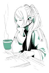 Rule 34 | 1girl, abe tsukasa, book, cup, earrings, frieren, from side, greyscale, hand on own chin, highres, jewelry, long hair, looking down, monochrome, mug, official art, parted bangs, pointy ears, reading, simple background, solo, sousou no frieren, table, twintails, upper body, white background