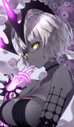 Rule 34 | 1girl, absurdres, bare shoulders, black-framed eyewear, black dress, blunt bangs, breasts, choker, cleavage, closed mouth, collarbone, colored skin, detached sleeves, dress, fate/grand order, fate (series), glasses, grey hair, grey skin, hair ornament, hand on own chin, hand on own face, highres, horns, jacques de molay (foreigner) (fate), jacques de molay (foreigner) (third ascension) (fate), large breasts, revealing clothes, short dress, short hair, signature, slit pupils, smile, solo, tochi keisuke, yellow eyes