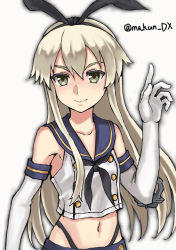 Rule 34 | 1girl, anchor hair ornament, black hairband, black neckerchief, black panties, blonde hair, blue sailor collar, crop top, elbow gloves, gloves, grey eyes, hair ornament, hairband, highleg, highleg panties, kantai collection, long hair, looking at viewer, maakun (makun dx), midriff, miniskirt, neckerchief, one-hour drawing challenge, panties, sailor collar, shimakaze (kancolle), simple background, skirt, solo, twitter username, underwear, upper body, white background, white gloves