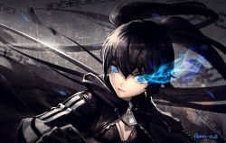 Rule 34 | &gt;:(, 10s, 1girl, absurdres, artist name, artist request, bikini, bikini top only, black hair, black jacket, black rock shooter, black rock shooter (character), blue eyes, blue fire, breasts, chain, closed mouth, drawstring, fire, flaming eyes, glint, glowing, glowing eye, gradient background, gun, hair between eyes, highres, jacket, katana, long hair, long sleeves, looking at viewer, open clothes, open jacket, serious, small breasts, solo, swimsuit, sword, track jacket, twintails, unsheathed, upper body, v-shaped eyebrows, very long hair, weapon, zipper