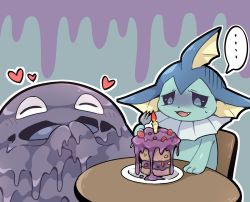 Rule 34 | ..., :3, animal focus, bad food, black sclera, blue eyes, blush, cake, candle, chair, closed eyes, colored sclera, constricted pupils, creatures (company), fang, fins, fire, food, fork, fruit, game freak, gen 1 pokemon, grimer, hand up, hands up, heart, holding, holding fork, nervous, nervous smile, nintendo, no humans, on chair, open mouth, outline, own hands together, plate, pokemon, pokemon (creature), sitting, smile, speech bubble, spoken ellipsis, strawberry, subaru331, sweat, table, turn pale, two-tone background, vaporeon, white outline