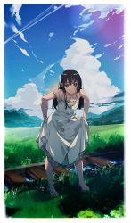 Rule 34 | 1girl, absurdres, bare shoulders, barefoot, black eyes, black hair, blue sky, border, cloud, collarbone, dress, frilled dress, frills, grass, highres, layered dress, leaning forward, long hair, looking at viewer, original, outdoors, shiomi (lowrise), sky, sleeveless, sleeveless dress, solo, standing, white border, white dress