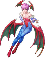 Rule 34 | 1girl, animal print, bare shoulders, bat print, bat wings, blue pantyhose, boots, bridal gauntlets, closed mouth, clothing cutout, covered navel, demon girl, feathers, flat chest, full body, hand on own hip, head wings, highleg, highleg leotard, highres, knee boots, legs, leotard, light smile, lilith aensland, long legs, looking at viewer, official art, outstretched arm, pantyhose, pink eyes, print pantyhose, purple hair, purple pantyhose, red footwear, red leotard, short hair, simple background, smile, solo, stanley lau, strapless, strapless leotard, thigh gap, underboob cutout, vampire (game), vampire resurrection, white background, wings