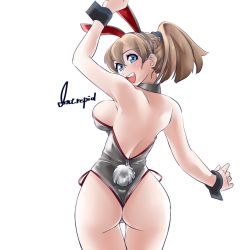 Rule 34 | 1girl, animal ears, ass, blue eyes, breasts, brown hair, commentary request, cowboy shot, detached collar, fake animal ears, from behind, grey leotard, intrepid (kancolle), kantai collection, large breasts, leotard, long hair, looking back, one-hour drawing challenge, one-piece thong, pantyhose, playboy bunny, ponytail, rabbit ears, rabbit tail, simple background, smile, solo, strapless, strapless leotard, tail, udukikosuke, white background, wrist cuffs
