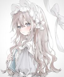 Rule 34 | 1girl, blue nails, book, bow, center frills, dress, earrings, expressionless, frilled hairband, frills, grey eyes, hair bow, hairband, highres, holding, holding book, jewelry, light brown hair, long hair, original, solo, white bow, white dress, yuni 0205