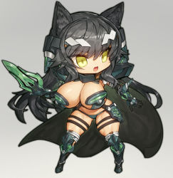Rule 34 | animal ears, armor, armored boots, arms up, bikini armor, black hair, boots, breasts, cape, cat ears, fighting stance, gauntlets, gluteal fold, green eyes, headgear, high heel boots, high heels, holding, holding sword, holding weapon, huge breasts, knee boots, legs apart, long hair, looking to the side, melon22, muscular, muscular female, open mouth, original, sword, thick thighs, thigh strap, thighs, very long hair, weapon