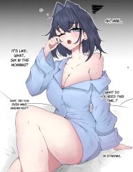 Rule 34 | 1girl, absurdres, blue eyes, blue hair, blue shirt, breasts, cleavage, collared shirt, dark blue hair, english text, hair intakes, hashtag-only commentary, highres, hololive, hololive english, large breasts, looking at viewer, mayoa, naked shirt, off shoulder, open mouth, ouro kronii, oversized clothes, oversized shirt, rubbing eyes, shirt, short hair, single bare shoulder, sitting, solo, swirl, thighs, virtual youtuber, waking up