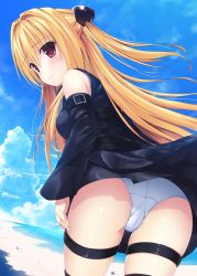 Rule 34 | 10s, 1girl, ass, blonde hair, blush, cameltoe, detached sleeves, hair ornament, konjiki no yami, long hair, panties, red eyes, rennkuu, solo, thigh strap, to love-ru, to love-ru darkness, twintails, two side up, underwear, very long hair, white panties