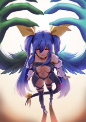 Rule 34 | 1girl, absurdres, asymmetrical wings, bare shoulders, belt, black panties, black thighhighs, blue hair, boots, breasts, choker, collarbone, detached sleeves, dizzy (guilty gear), extra arms, fingernails, from above, full body, glowing, glowing eyes, guilty gear, guilty gear x, guilty gear xx, hair between eyes, hair ribbon, hair rings, highres, huki, long hair, long sleeves, looking at viewer, monster girl, navel, panties, puffy long sleeves, puffy sleeves, red eyes, ribbon, shadow, sharp fingernails, signature, smile, solo, stomach, sunlight, tail, tail ornament, tail ribbon, thigh gap, thigh strap, thighhighs, twintails, underboob, underwear, wings, yellow ribbon