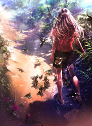 Rule 34 | 1girl, aalge, back, brown hair, bug, butterfly, flower, forest, insect, long hair, md5 mismatch, nature, original, path, resolution mismatch, road, sandals, scenery, skirt, solo, source smaller, tree, water