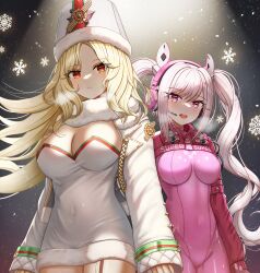 Rule 34 | 2girls, absurdres, alice (nikke), blonde hair, bodysuit, breasts, breasts apart, cleavage, covered navel, cowboy shot, cropped jacket, dress, english text, fur trim, goddess of victory: nikke, hat, headphones, headset, highres, jacket, large breasts, looking at viewer, ludmilla (nikke), melreon, microphone, multiple girls, open mouth, orange eyes, pink bodysuit, pink eyes, pink hair, pink theme, scarf, sidelocks, simple background, skin tight, smile, snow, snowflakes, swept bangs, twintails, wavy hair, white dress