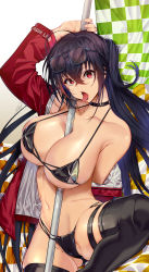 Rule 34 | azur lane, between breasts, bikini, black bikini, black choker, breasts, checkered flag, choker, cleavage, crossed bangs, eyewear on head, flag, highleg, highleg bikini, highres, huge breasts, jacket, leg up, multi-strapped bikini bottom, multi-strapped bikini top, multiple straps, off-shoulder jacket, off shoulder, official alternate costume, partially visible vulva, cameltoe, race queen, red eyes, red jacket, satou daiji, solo, sunglasses, swimsuit, taihou (azur lane), taihou (enraptured companion) (azur lane), thigh strap, tongue, tongue out, twintails