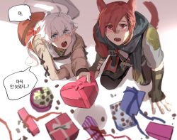 Rule 34 | 1boy, 1girl, ahoge, alisaie leveilleur, animal ears, bag, black gloves, black scarf, blue eyes, blurry, blush, boots, box, box of chocolates, brown jacket, cat ears, cat tail, commentary request, elbow gloves, elezen, elf, fallen down, final fantasy, final fantasy xiv, fingerless gloves, fringe trim, from above, g&#039;raha tia, gift, gift box, gloves, grey shirt, hair between eyes, hair ornament, hair ribbon, hands on ground, heart-shaped box, highres, holding, holding gift, incoming gift, jacket, jewelry, korean commentary, korean text, long hair, long sleeves, looking at viewer, looking up, miqo&#039;te, open mouth, pendant, pleasebemine00, pointy ears, ponytail, red eyes, red hair, ribbon, scarf, shadow, shirt, short hair, speech bubble, sweat, tail, thigh boots, translation request, v-shaped eyebrows, white footwear, white hair, x hair ornament