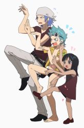 Rule 34 | 1girl, 2boys, aged down, aqua hair, arm up, bare arms, bare legs, barefoot, black hair, black male swimwear, black swim briefs, child, collarbone, dress, extra arms, flying sweatdrops, franky (one piece), full body, goggles, goggles on head, hana hana no mi, hand up, head scarf, height difference, highres, iceburg, leg up, male swimwear, meme, multiple boys, nico robin, one piece, open clothes, open mouth, open shirt, outstretched arm, pants, parody, petals, purple hair, qin (7833198), shirt, shoes, short dress, short sleeves, simple background, sleeveless, sleeveless dress, standing, standing on one leg, swim briefs, swimsuit, t-shirt, tan, toes, v-shaped eyebrows, white background, yotsubato!, yotsubato! pose