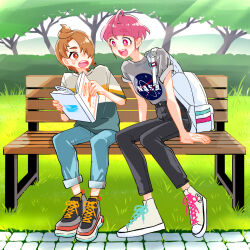 Rule 34 | 1boy, 1girl, aged up, ahoge, backpack, bag, bench, black pants, blue pants, blue shirt, blunt bangs, book, bright pupils, capri pants, commentary, day, denim, frown, grass, grey footwear, grey shirt, hair over one eye, hirogaru sky! precure, holding, holding book, hoshina hikaru, in-franchise crossover, jeans, leaning to the side, nasa logo, official alternate hair length, official alternate hairstyle, on bench, open mouth, orange hair, outdoors, pants, park bench, pink eyes, pink hair, precure, red eyes, shirt, shoelaces, shoes, short hair, short sleeves, sitting, smile, sneakers, star twinkle precure, sunlight, sweatdrop, t-shirt, ton (ton39342104), tree, white footwear, white pupils, yuunagi tsubasa