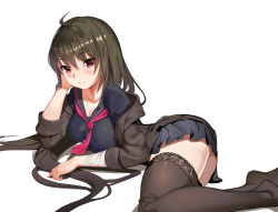 Rule 34 | 1girl, absurdres, ass, bad id, bad pixiv id, bandaged arm, bandages, black hair, black jacket, black serafuku, black skirt, black thighhighs, blush, breasts, head rest, highres, jacket, large breasts, long hair, looking at viewer, lying, merchant91, miniskirt, neckerchief, on side, open clothes, open jacket, pink eyes, pink neckerchief, pleated skirt, school uniform, serafuku, simple background, skirt, sleeves rolled up, smile, solo, soulworker, thighhighs, very long hair, white background