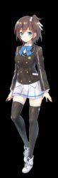 Rule 34 | ange vierge, ayashiro amane, black jacket, black thighhighs, blue bow, blue bowtie, bow, bowtie, breasts, brown hair, buttons, emblem, full body, jacket, lowres, medium breasts, pleated skirt, pocket, school uniform, shoes, short hair, side ponytail, skirt, sneakers, thighhighs, transparent background, white footwear, white skirt, zettai ryouiki