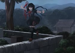 Rule 34 | 1girl, asymmetrical wings, balancing, black dress, black hair, black thighhighs, blue wings, bow, bowtie, breasts, building, center frills, cloud, cloudy sky, commentary request, dress, footwear bow, frills, hill, houjuu nue, ichiba youichi, medium breasts, outdoors, outstretched arms, red bow, red bowtie, red eyes, red footwear, red wings, shoes, short dress, short hair, short sleeves, sky, smile, solo, stone wall, thighhighs, touhou, tree, walking, wall, wings, wristband, zettai ryouiki