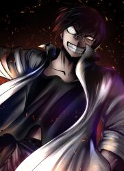 Rule 34 | 1boy, angry, black shirt, brown hair, character request, clenched teeth, copyright request, glasses, kakeru (bar peachpit), lab coat, male focus, red eyes, shirt, short hair, solo, standing, teeth