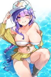Rule 34 | 1girl, alracoco, bandeau, bare shoulders, baseball cap, bb (fate), bb (fate) (all), bb (swimsuit mooncancer) (fate), bb (swimsuit mooncancer) (first ascension) (fate), bikini, bikini top only, blush, breasts, cleavage, clenched teeth, fate/grand order, fate (series), hat, hat ornament, highres, jacket, large breasts, long braid, long hair, navel, one eye closed, outdoors, partially submerged, purple eyes, purple hair, skirt, smile, socks, star (symbol), star hat ornament, swimsuit, teeth, very long hair, water, wet, wet hair, white bikini, yellow jacket, yellow skirt