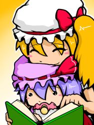 Rule 34 | 2girls, baby, book, closed eyes, flandre scarlet, hat, multiple girls, pacifier, remilia scarlet, ribbon, role reversal, sho (shirojiro kuroguro), side ponytail, time paradox, touhou, wings, aged down