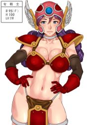 Rule 34 | 1girl, armor, bikini armor, blue eyes, blush, breasts, cleavage, cowboy shot, dragon quest, dragon quest iii, eyebrows, gloves, hands on own hips, helmet, highres, large breasts, legs, loincloth, long hair, looking at viewer, navel, pauldrons, puffy nipples, purple hair, red gloves, sakuradou, serious, shiny skin, shoulder armor, shoulder pads, simple background, soldier (dq3), solo, standing, stomach, thigh strap, thighs, toned, wavy hair, white background, winged helmet