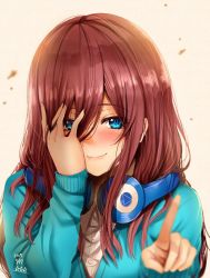 Rule 34 | 1girl, blue cardigan, blue eyes, blush, breasts, brown hair, cardigan, closed mouth, collared shirt, commentary request, go-toubun no hanayome, hair between eyes, headphones, headphones around neck, hoshi san 3, index finger raised, large breasts, long hair, long sleeves, looking at viewer, nakano miku, shirt, smile, white shirt